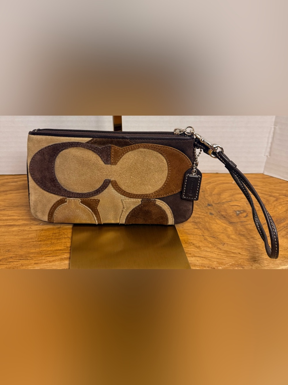 Coach Signature Patchwork Suede Wristlet Brown Tan Leather Pouch Y2K - Picture 11 of 12